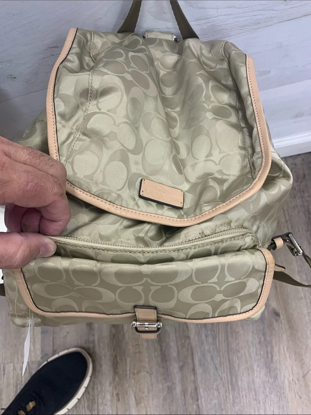 Coach Beige Signature Nylon Backpack with Natural Leather Trim